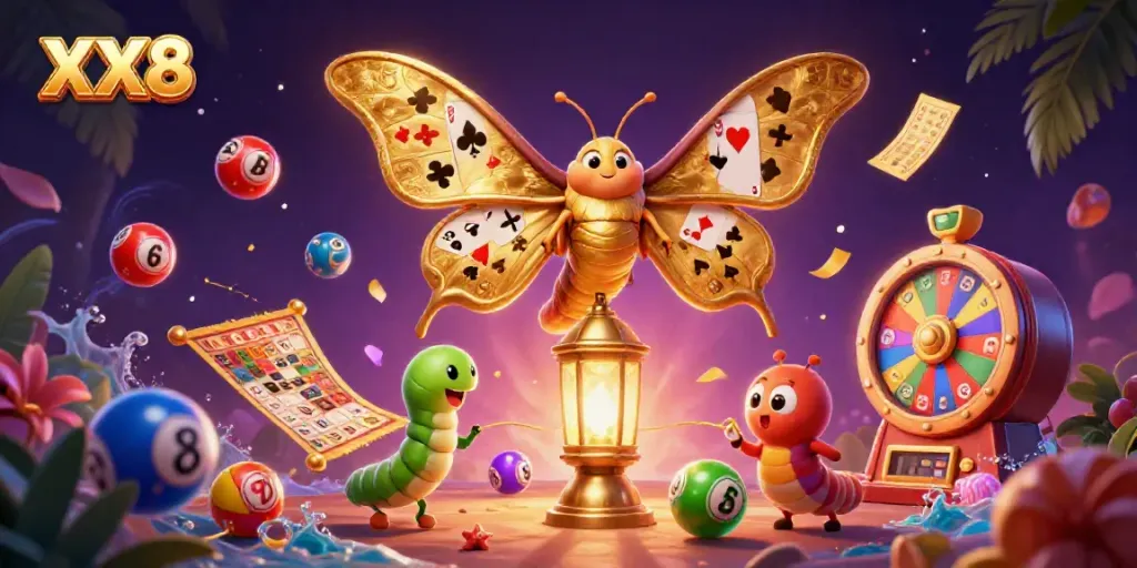 Engage with the vibrant XX8 casino experience featuring a majestic atlas moth, lottery elements, and dynamic game visuals.