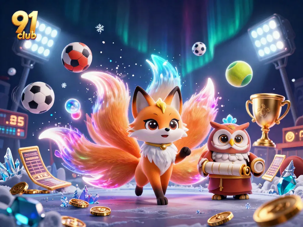 Engaging scene depicting 91 club with a mystical nine-tailed fox and a wise owl, enriched with vibrant gaming elements.