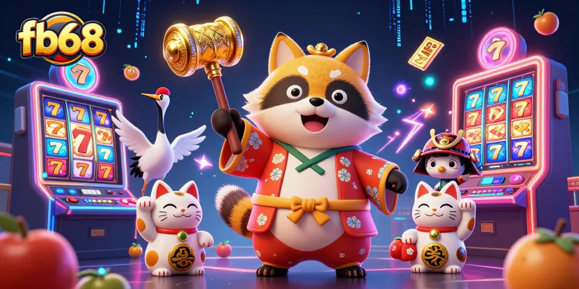 Engage with fb68's vibrant casino world featuring a cheerful tanuki and colorful slot games.