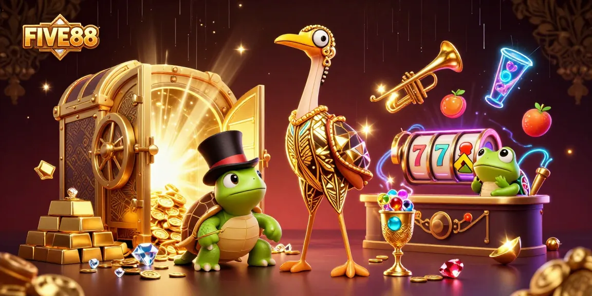 Experience thrilling gameplay at FIVE88 with interactive slot reels, golden treasures, and vibrant characters.