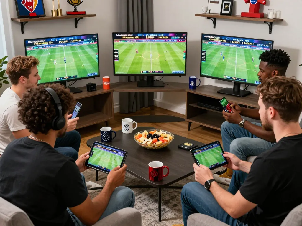 Sports bettors using Nowgoal for real-time betting strategies in a lively home environment.