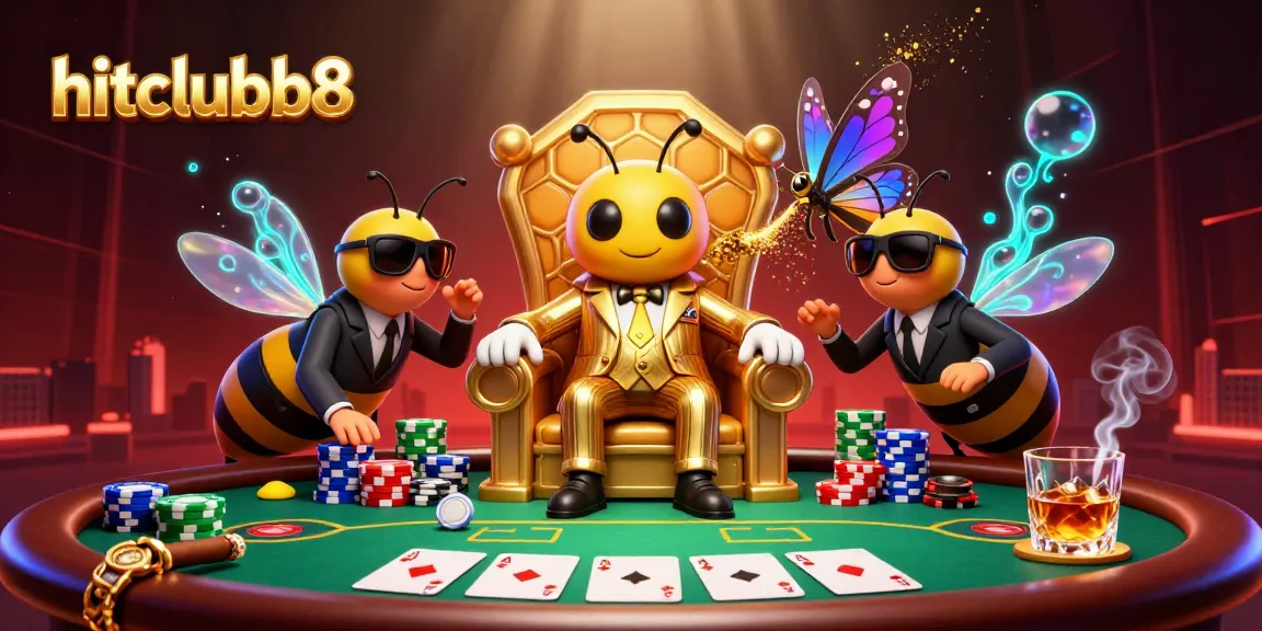 hitclubb8 showcases a bumblebee mob boss orchestrating a thrilling poker game, surrounded by vibrant casino elements.