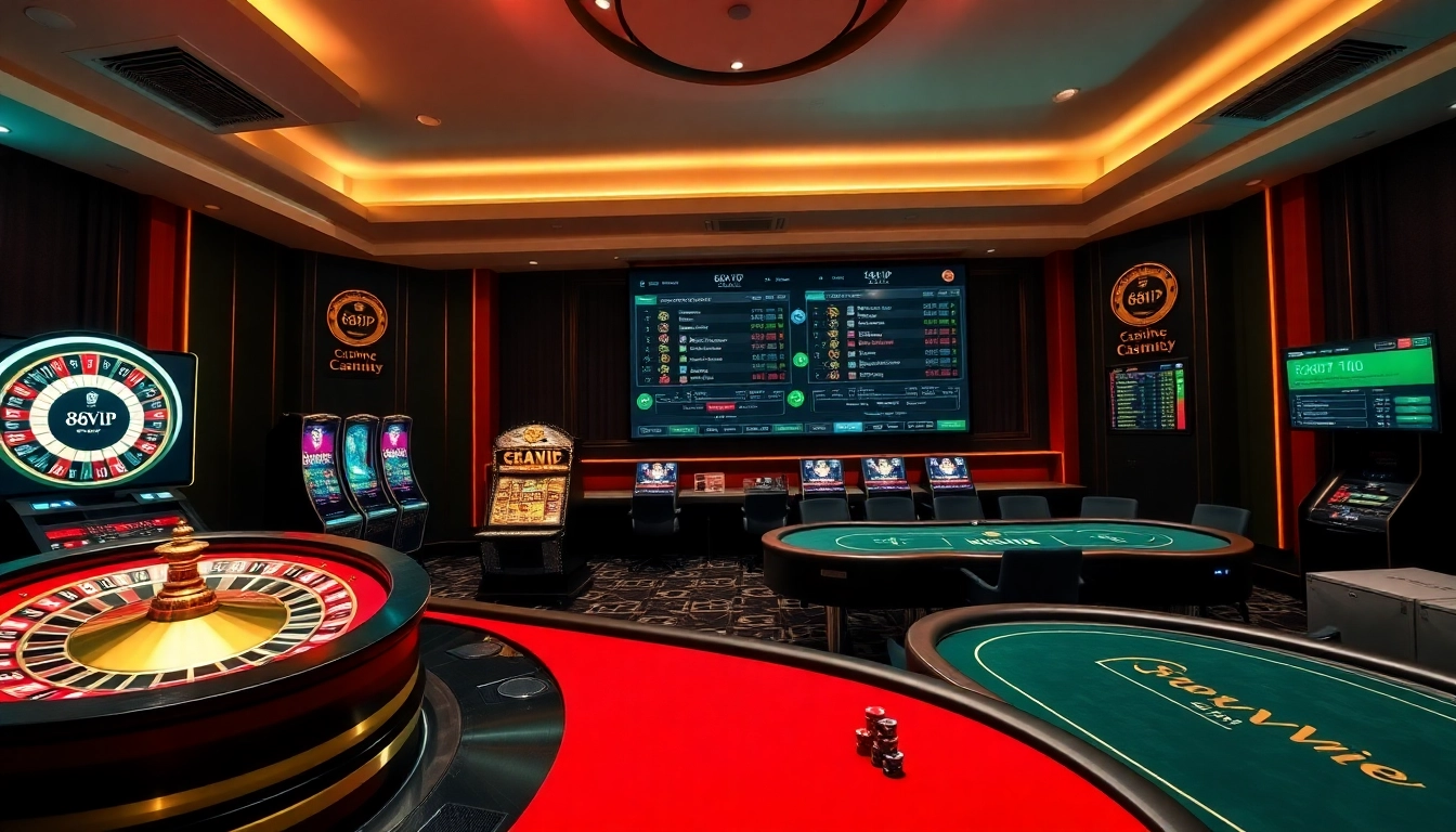 Online gambling experience at 68VIP featuring vibrant slot machines and poker tables.