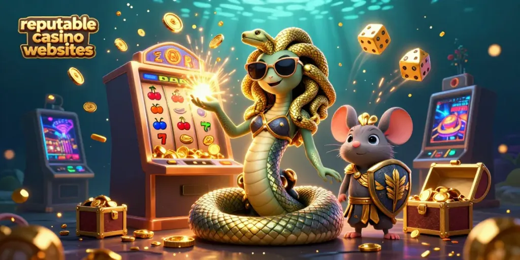 Experience the vibrant realm of reputable casino websites with a fun Medusa and a warrior mouse, surrounded by jackpot excitement.