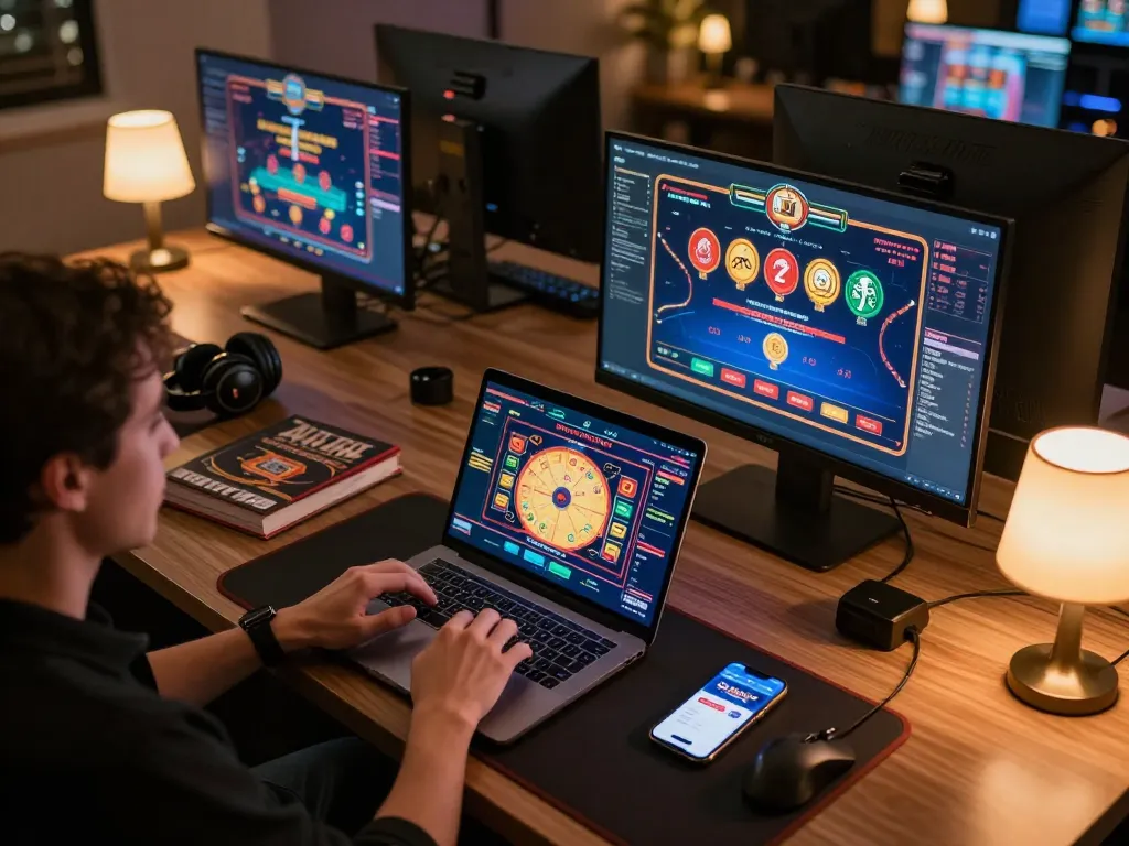 The player engages deeply in an iwinclub online game from a stylish gaming setup at home.