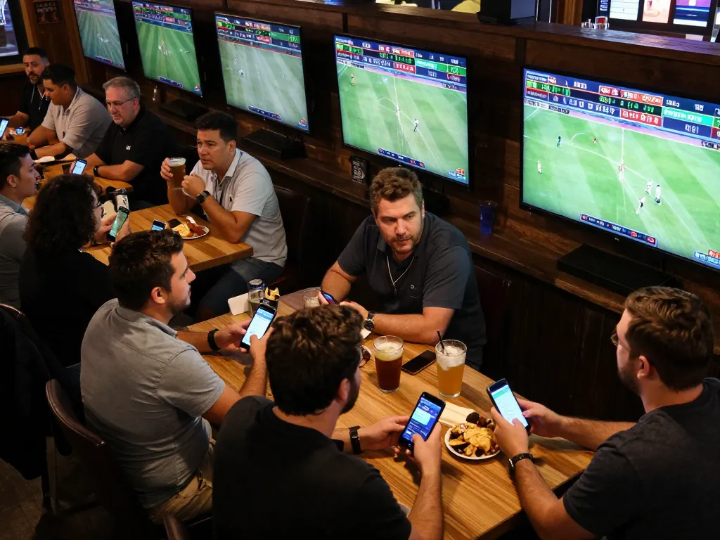 Engaged bettors reviewing keo nha cai odds in a lively sports bar with screens showing live matches.