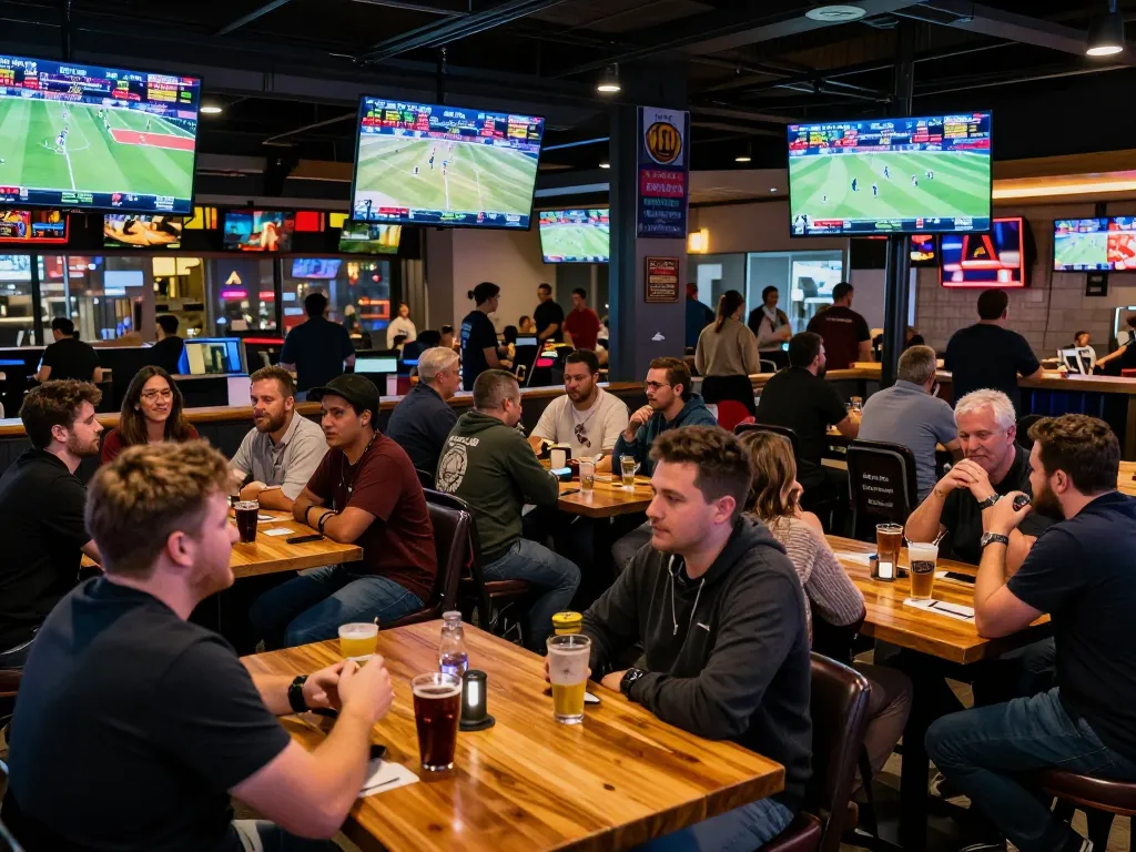 Patrons enthusiastically engaging in sports betting at a vibrant bar, showcasing sc88hd on screens.