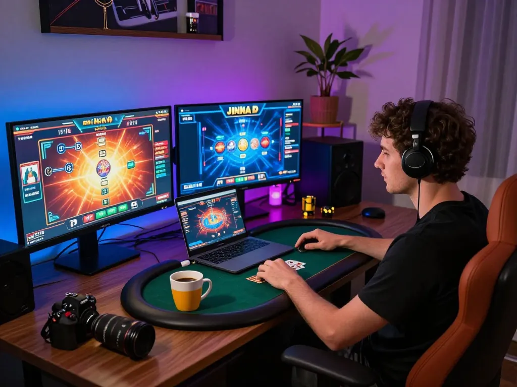 Player enjoying SHBET poker on multiple screens, highlighting immersive online gaming experience