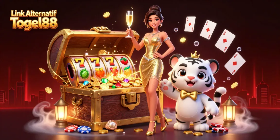 Engage with Link Alternatif Togel88 in an exciting casino scene featuring a glamorous woman and a lucky tiger.