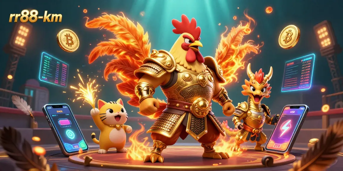 Engaging rr88-km artwork featuring a cockfighting theme with vibrant characters and dynamic gambling elements.