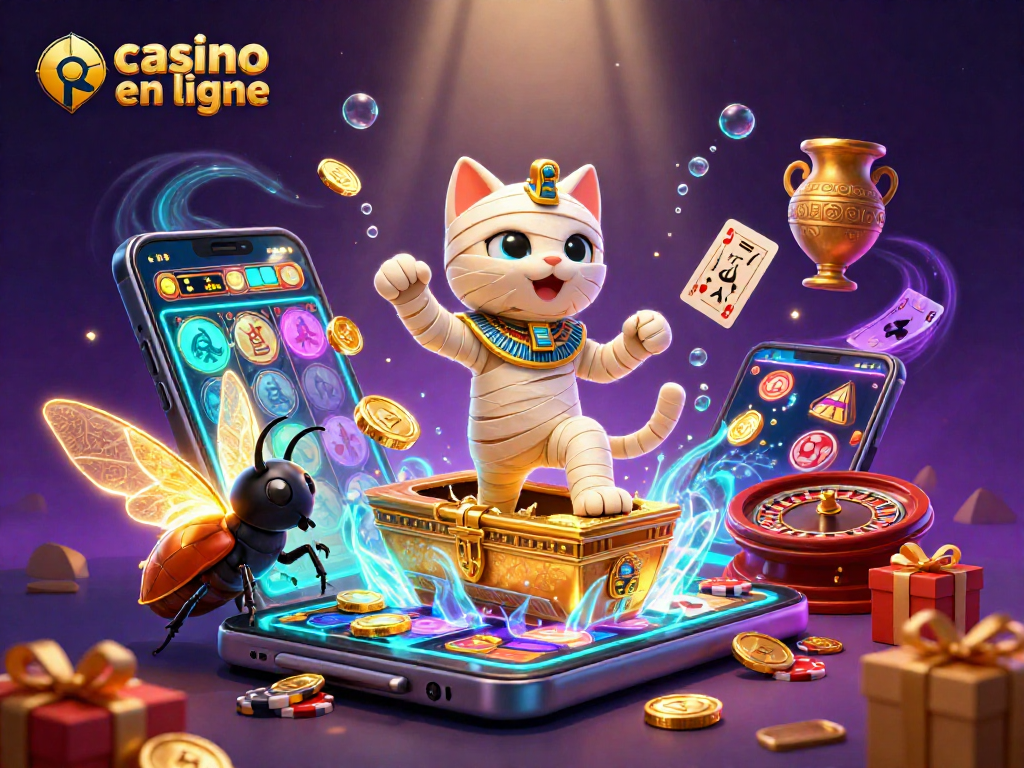Plongez dans le monde des jeux avec le casino en ligne, où une momie égyptienne sympathique et un scarabée enjoué animent l'action ludique.