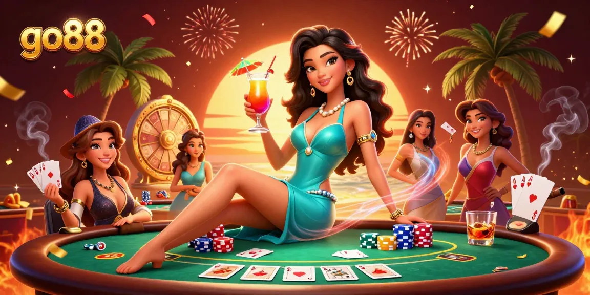 Experience excitement at go88 with a glamorous woman enjoying a tropical casino setting.