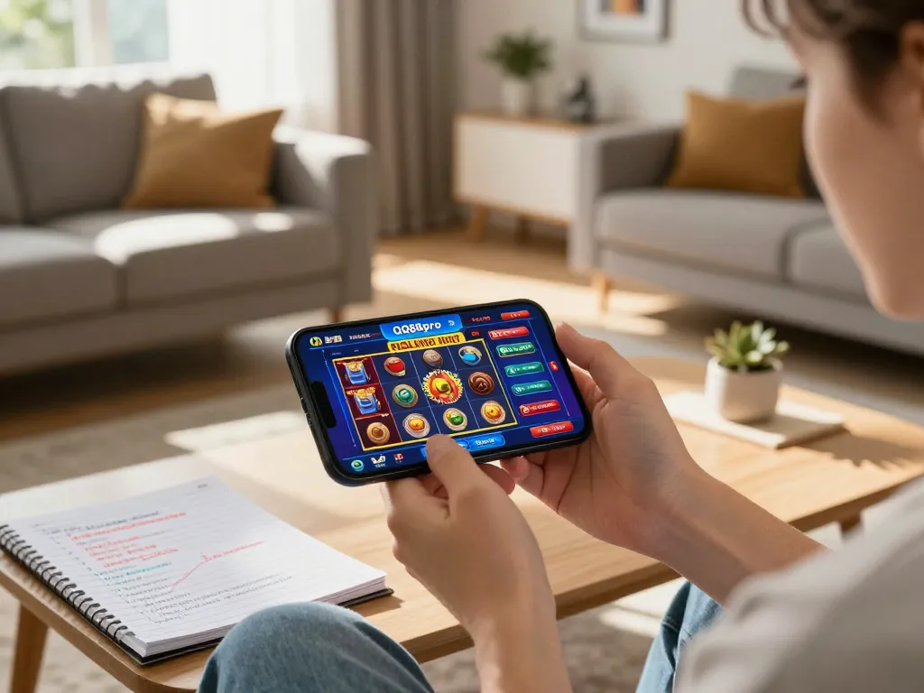 Engaging with QQ88pro Vip app on smartphone while managing bankroll in a cozy living room.