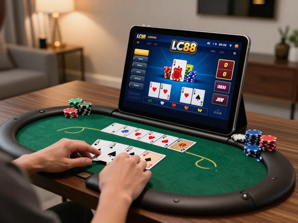 Player engaging with LC88 app on a tablet during an exciting poker game at home.