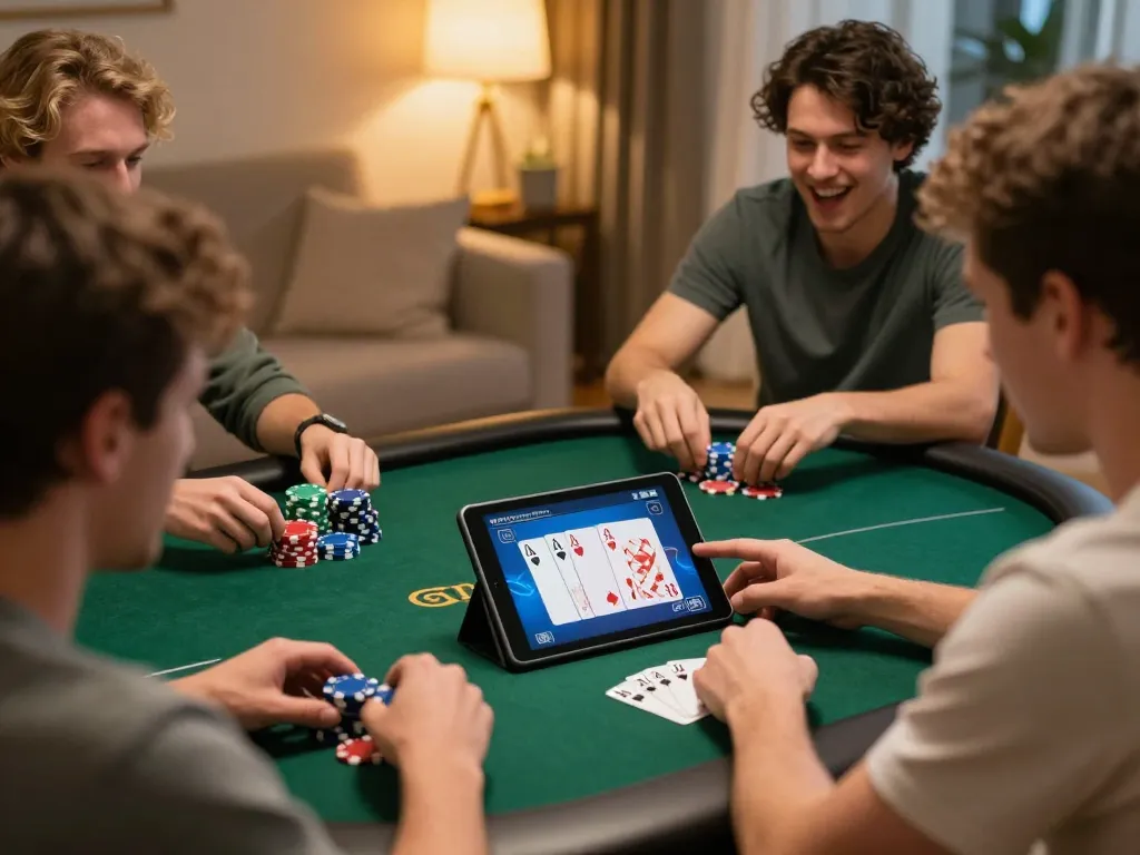 Players strategically enjoying 79win online poker game on tablet in cozy setting.