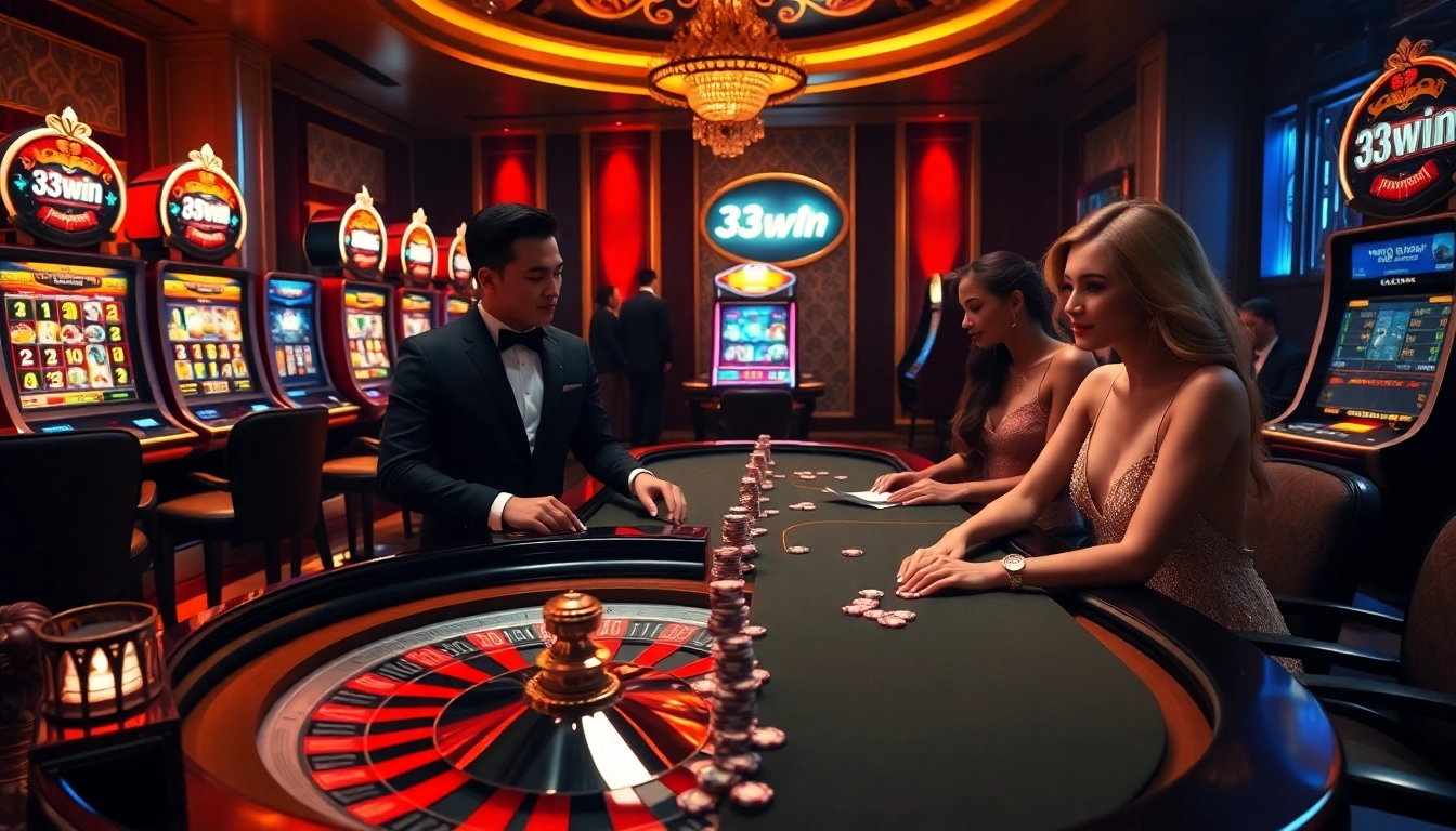 Engaging scene of players enjoying high-stakes gaming at 33win online casino, with luxurious decor and vibrant elements.