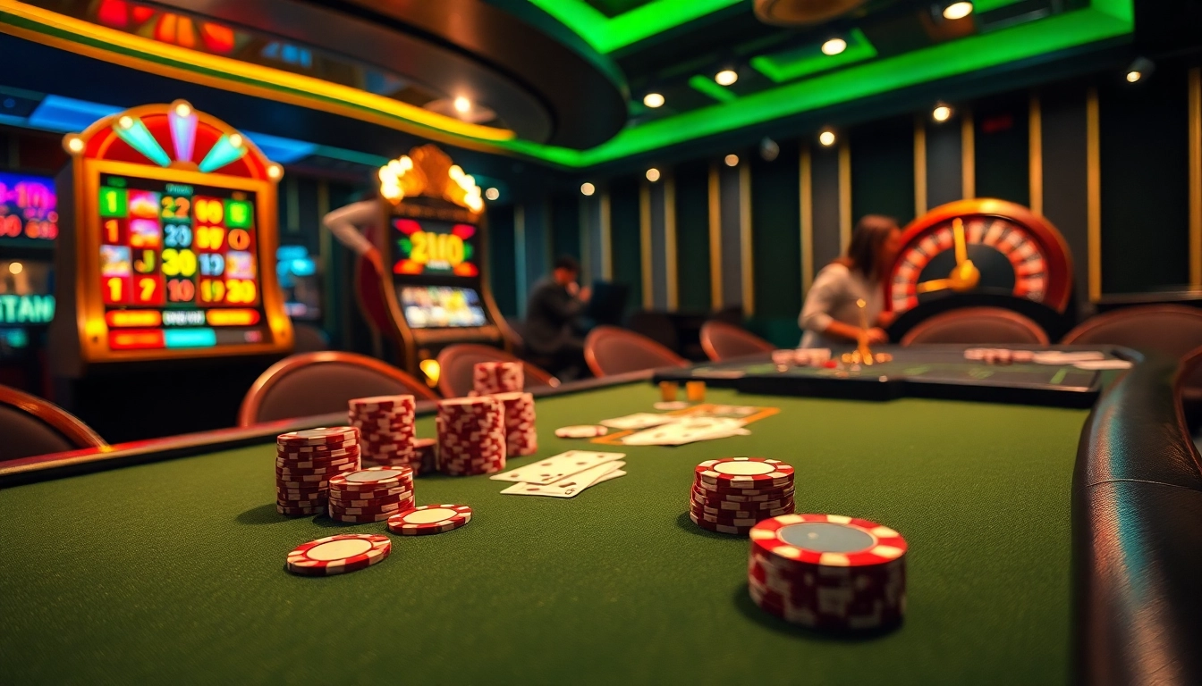 Exciting poker scene at km1888b casino, featuring luxury poker chips and cards.