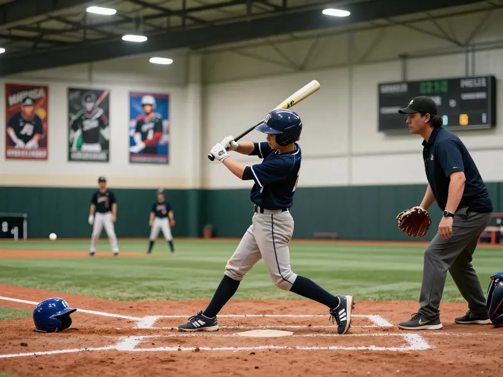 A young athlete in a hit club practicing their baseball swing with coaching staff observing.