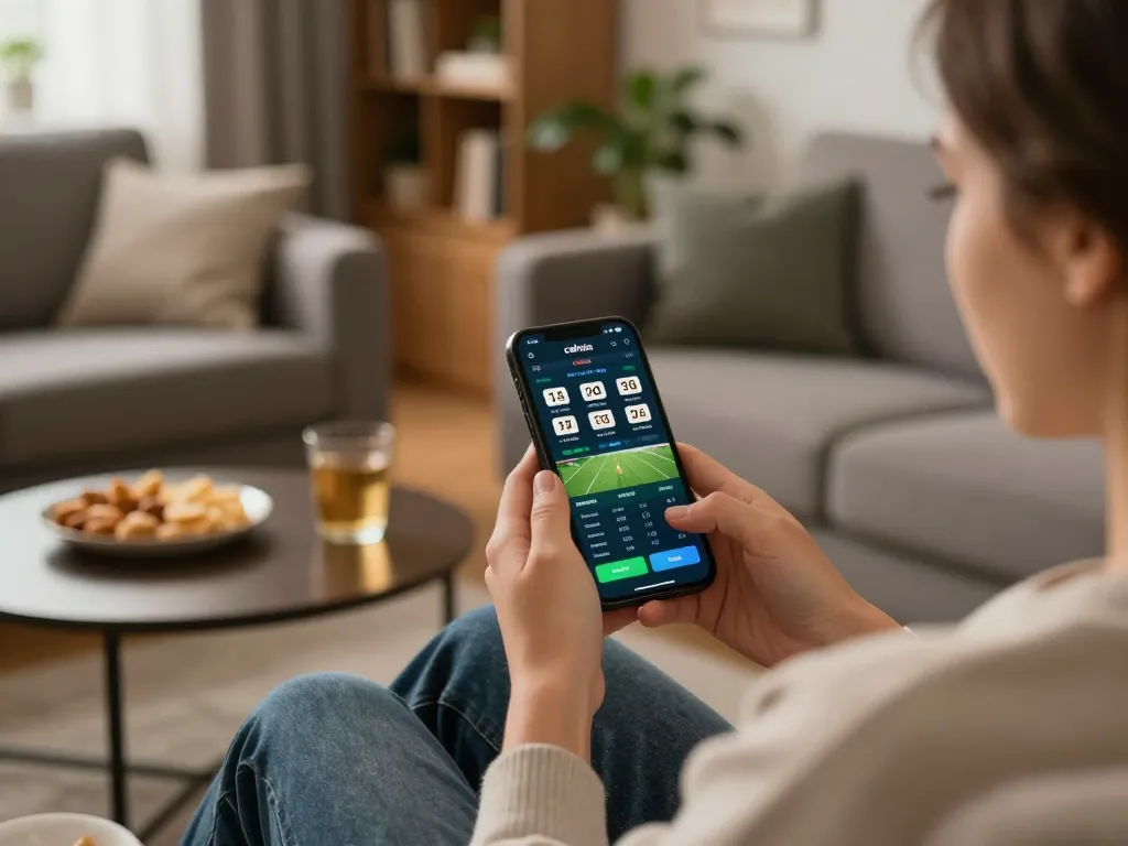 Person engaging with cakhia app for sports betting, showcasing dynamic interface and cozy home setting