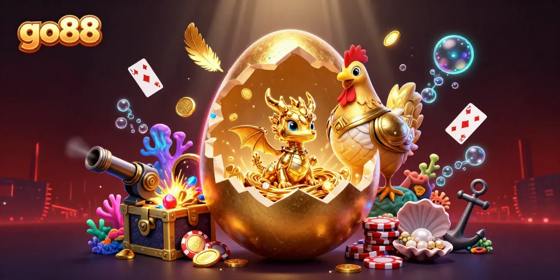 Engage with go88's vibrant gaming world featuring gold coins, a dragon, and poker chips.