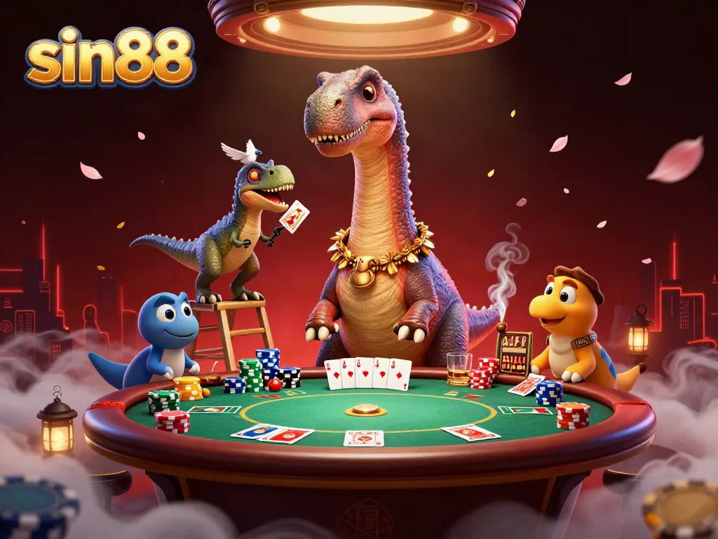 sin88's vibrant casino scene featuring a towering brontosaurus and raptor dealer amidst poker action