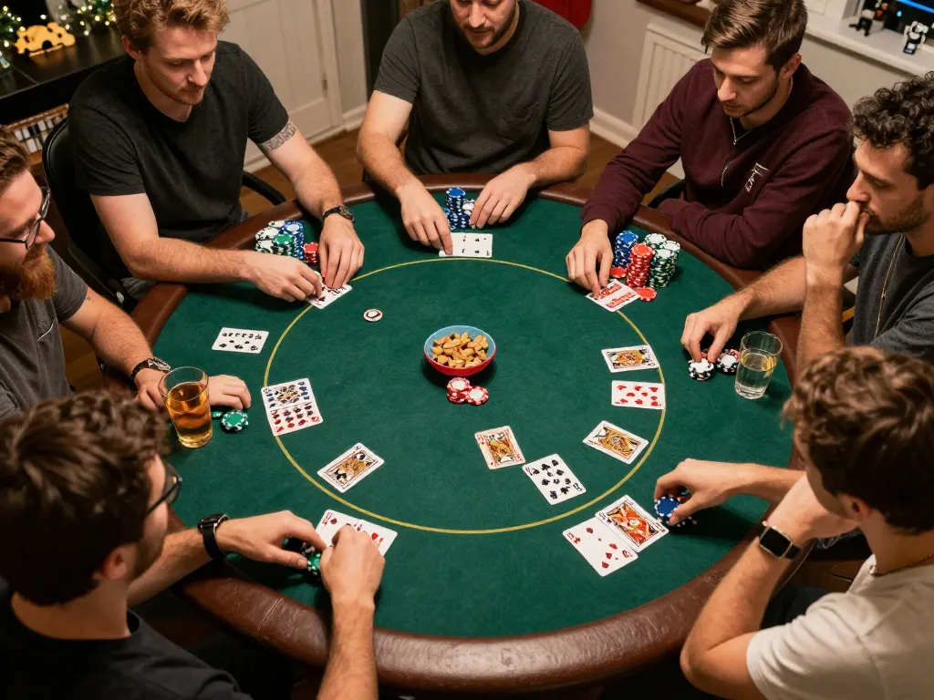 Friends playing poker at home with 99OK betting chips, creating a lively gaming experience.