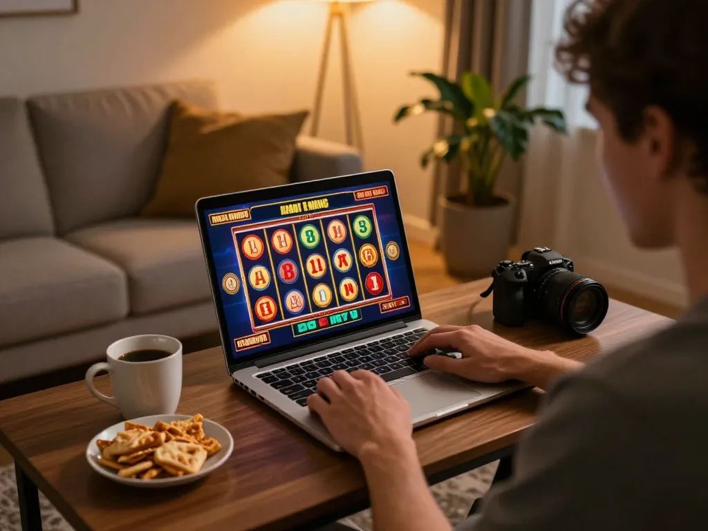 XX88 user enjoying an engaging online slot game on laptop in cozy living space