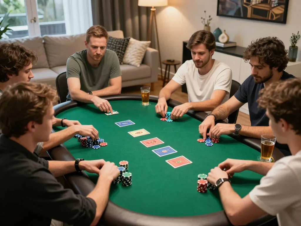 Friends engaged in a strategic poker game at home, showcasing CK444's social gaming experience.