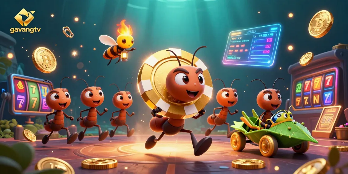 Engage in the excitement of gambling with gavangtv's vibrant casino heist illustration featuring ants, crypto coins, and jackpot elements.