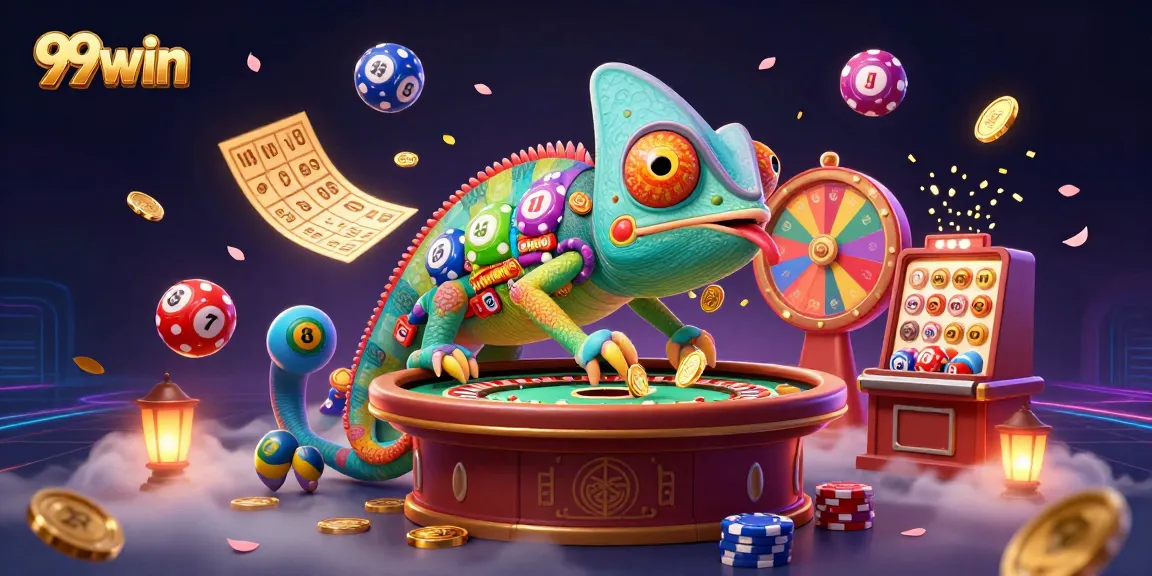 Engage with 99win's dynamic casino world featuring colorful lottery balls and a chameleon owner.