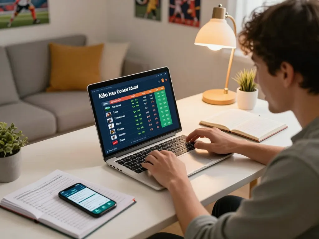 Person actively researching kèo nhà cái betting odds using a laptop at home, displaying strategic gambling.