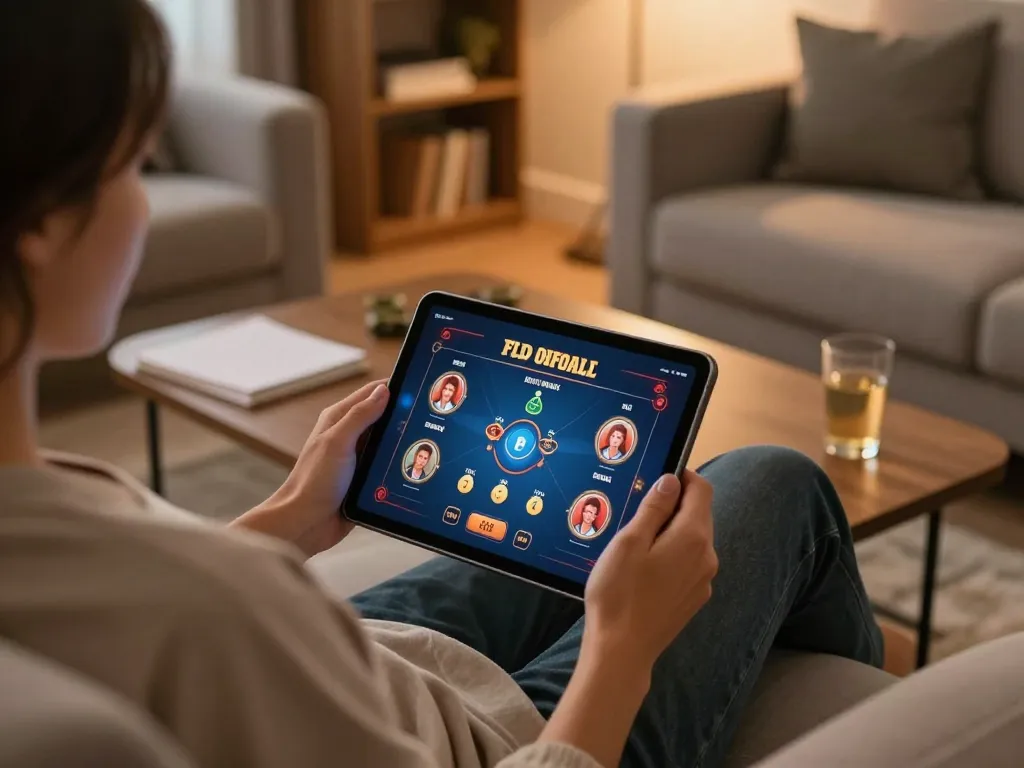 Engaging in online poker at home using 79win app on a tablet, creating a warm and inviting gaming atmosphere.
