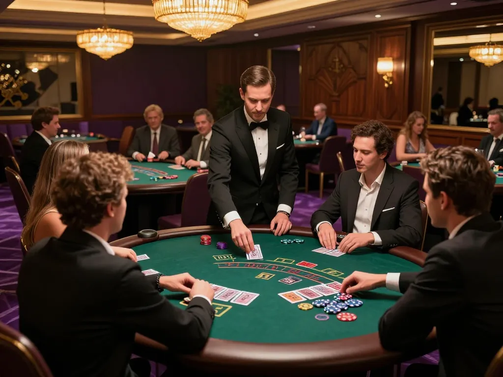 Players engage in an exciting game of blackjack at hay88's luxurious casino table, showcasing strategy and skill.