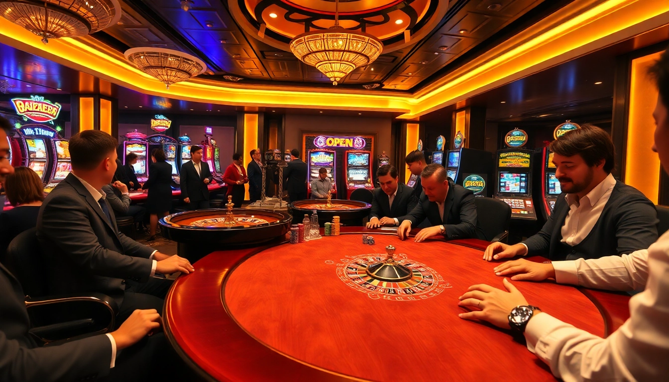 Players enjoying a vibrant game at open88 casino, surrounded by roulette wheel and slot machines.