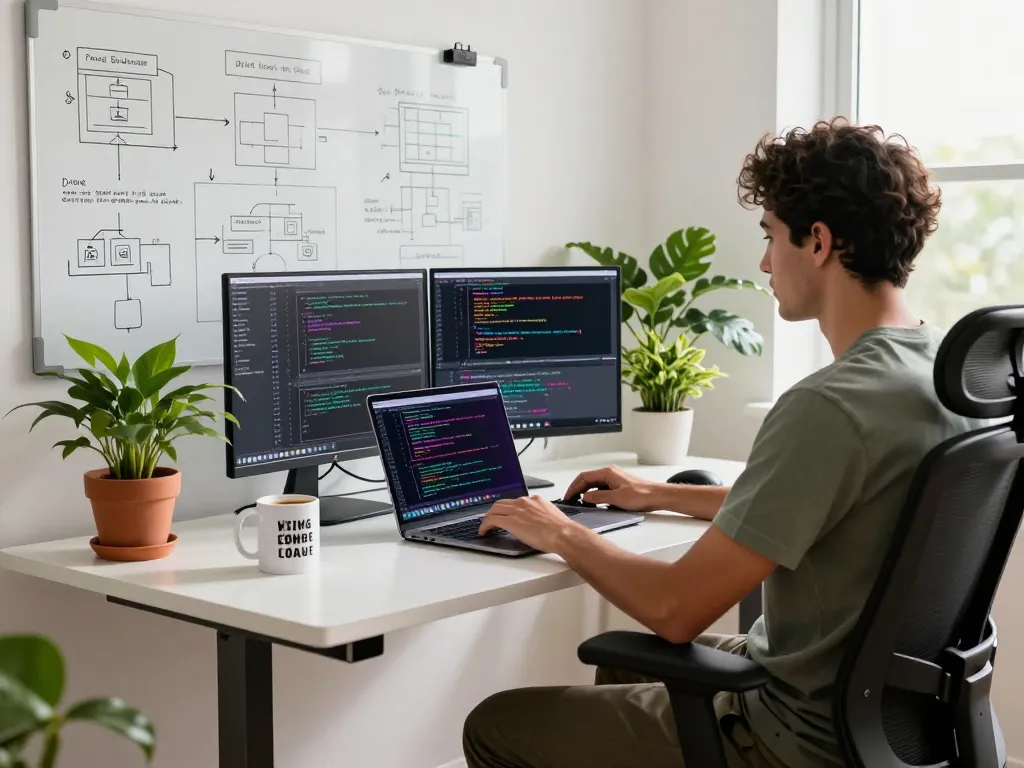 Developer working on Moltbot mac installation in a modern home office with natural light and tech elements.