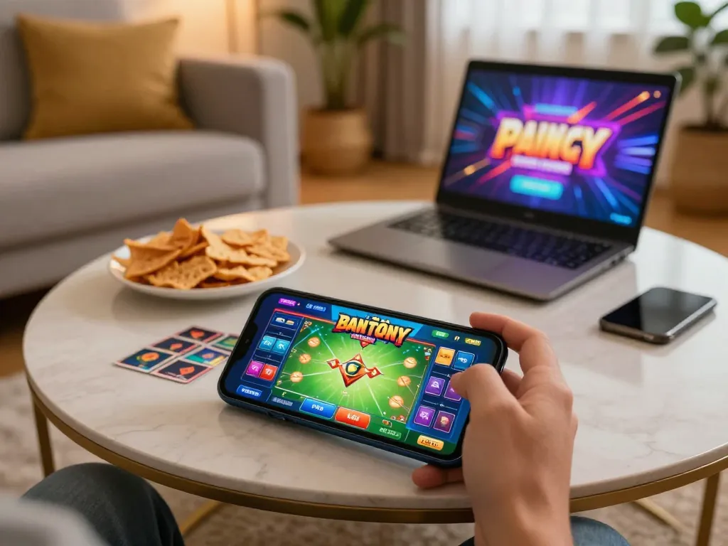 Engaging scene of mobile gameplay focusing on game bài đổi thưởng, showcasing vibrant smartphone display, cozy home atmosphere.