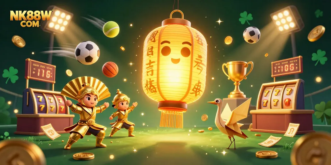 Experience thrilling gaming at NK88W COM with vibrant casino elements and festive spirit illustrations.