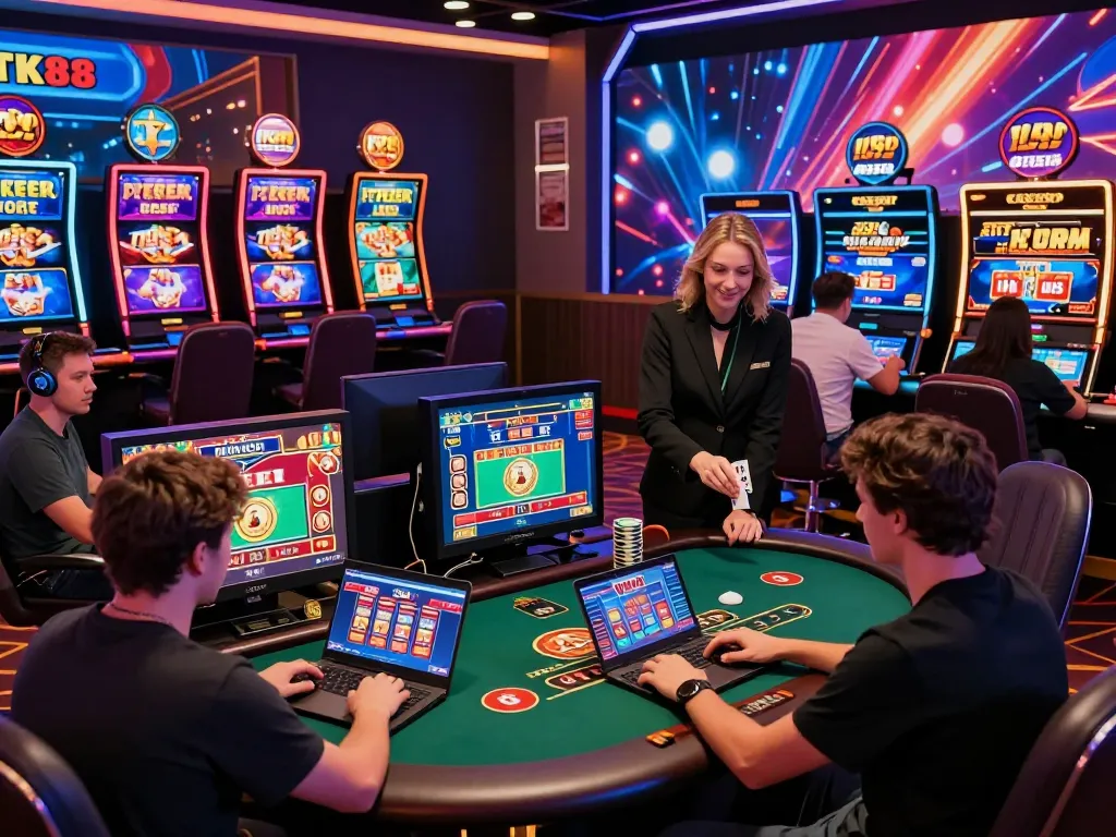 Players enjoying various games like poker and baccarat at tk88, surrounded by vibrant casino graphics and live dealer interactions.