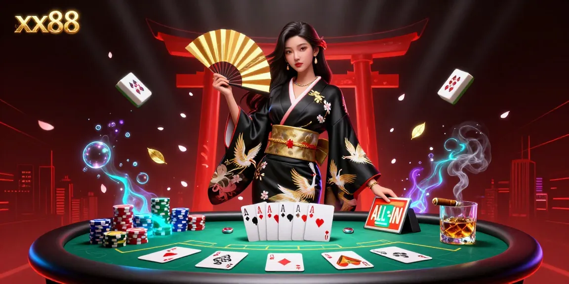Experience the thrill of xx88 with a glamorous casino scene featuring poker elements and an elegant Asian woman.