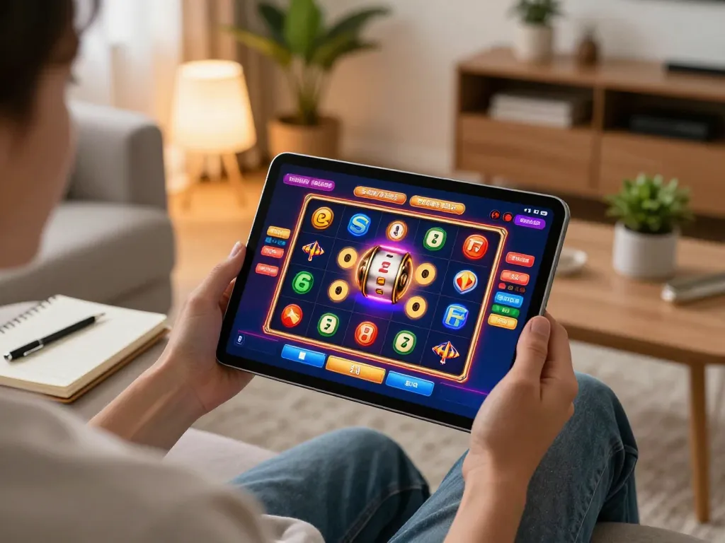 Engaging in online gambling at home with TG88 on a tablet, showcasing vibrant slot graphics and strategy notes.