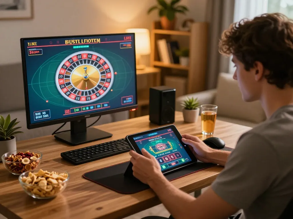 Fly88 player enjoying live dealer roulette on tablet in a cozy home gaming setup.