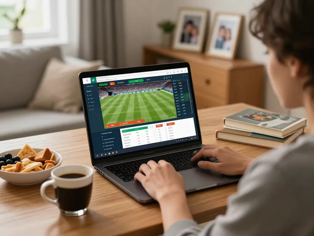 Engaging online sports betting scene at home with laptop interface from https://tip88xyz.com/ displaying live odds.