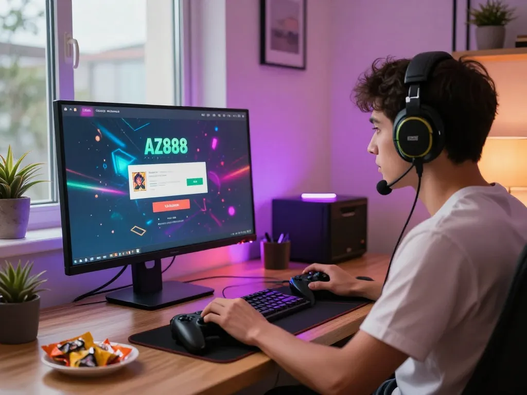 az888 đăng nhập screen with a focused gamer at a stylish desk in a warm, inviting home office.