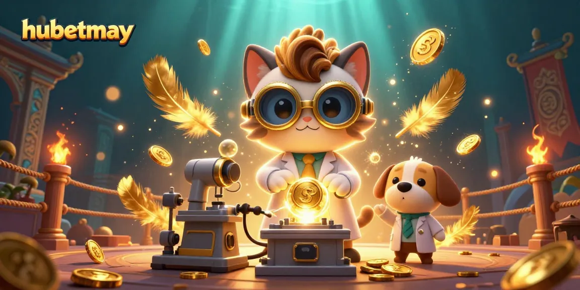 Join hubetmay's exciting game with golden coins and vibrant casino elements in a lively cartoon scene.