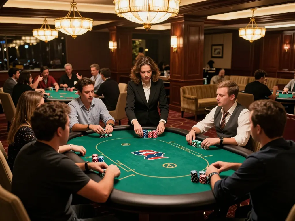 F8BET players engaging in a thrilling poker game showcasing strategic betting and vibrant casino atmosphere.