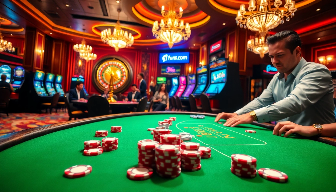 Engaging casino scene with players at fun88.com poker table and roulette wheel.