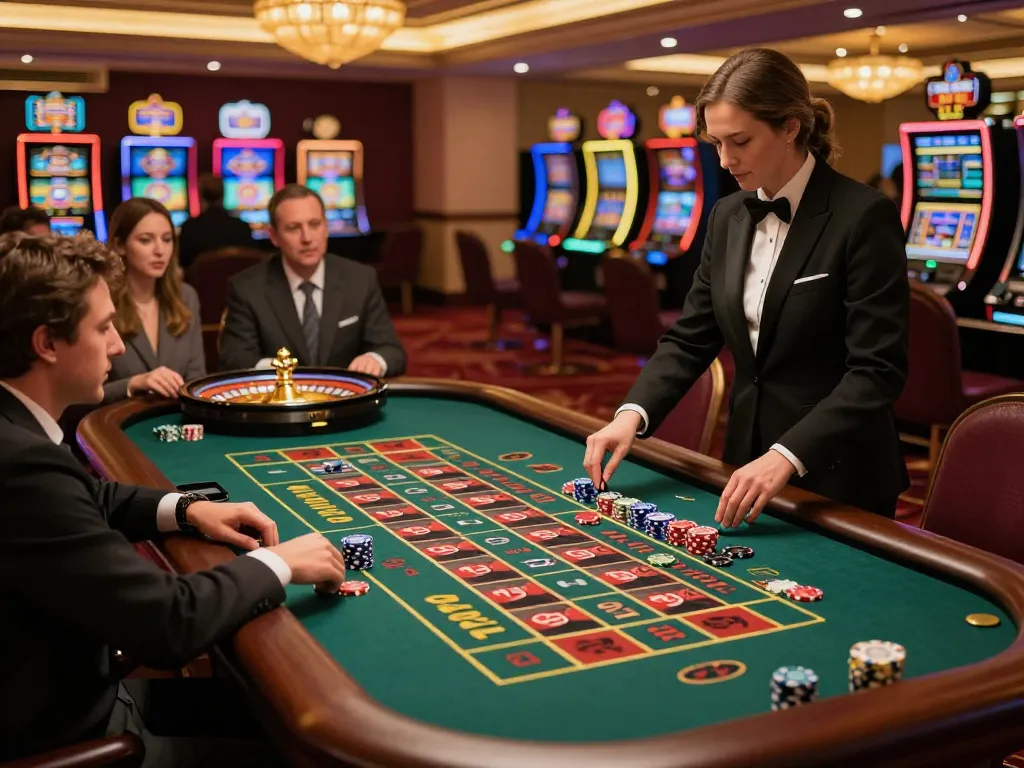 Experience the thrill of gambling at mm88 with players engaged at a roulette table in an elegant casino setting.