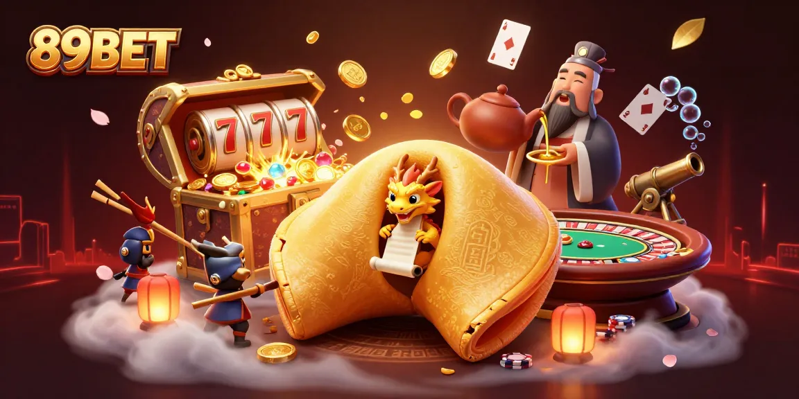 Spin the reels of 89BET featuring a colorful 3D illustration of a golden fortune cookie adventure with dragon and warriors.