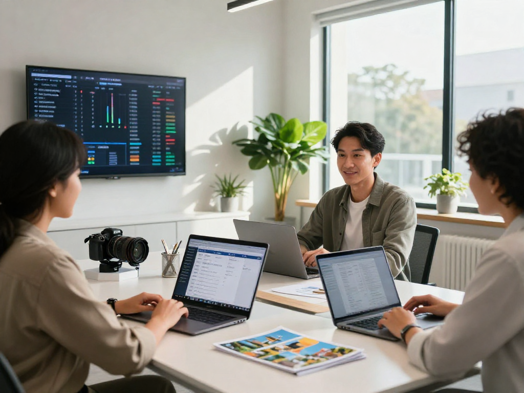 Real estate agents discussing IDXSTAR technology in a bright, modern office