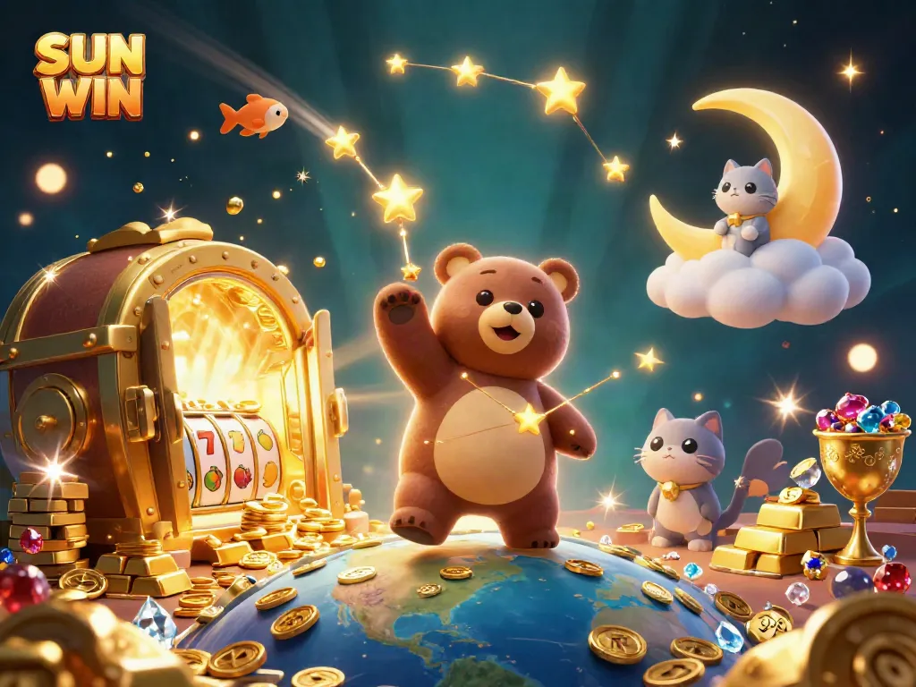 Scoop coins in SUN WIN's vibrant 3D scene with golden treasures from Earth and whimsical characters.